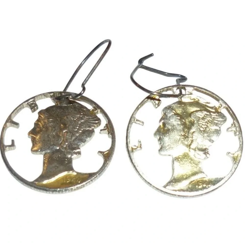 1944 Cut Out Mercury Dime Silver‎ Coin Dangle Earrings